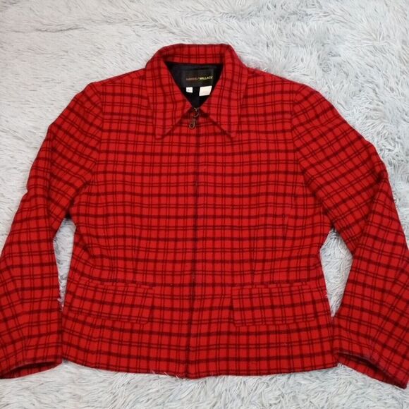 Vintage Harris Wallace Jacket‎ Womens L Red Wool Blend Coat Plaid Faux Pockets - Picture 1 of 12